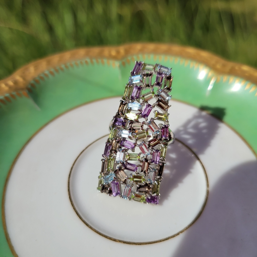 Multi Gemstone Sterling Silver Ring Size 7 ~ Stunning! Amethyst  Peridot